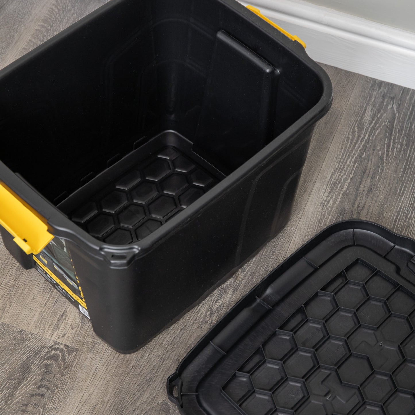 4 x 42L Heavy Duty Storage Tubs Sturdy, Lockable, Stackable and Nestable Design Storage Chests with Clips in Black