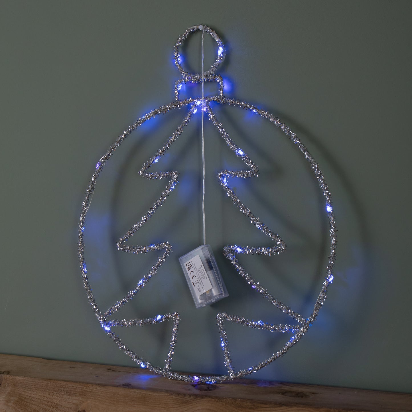 49cm Battery Powered Light up Christmas Silver Tree Ball with Twinkling Blue LEDs