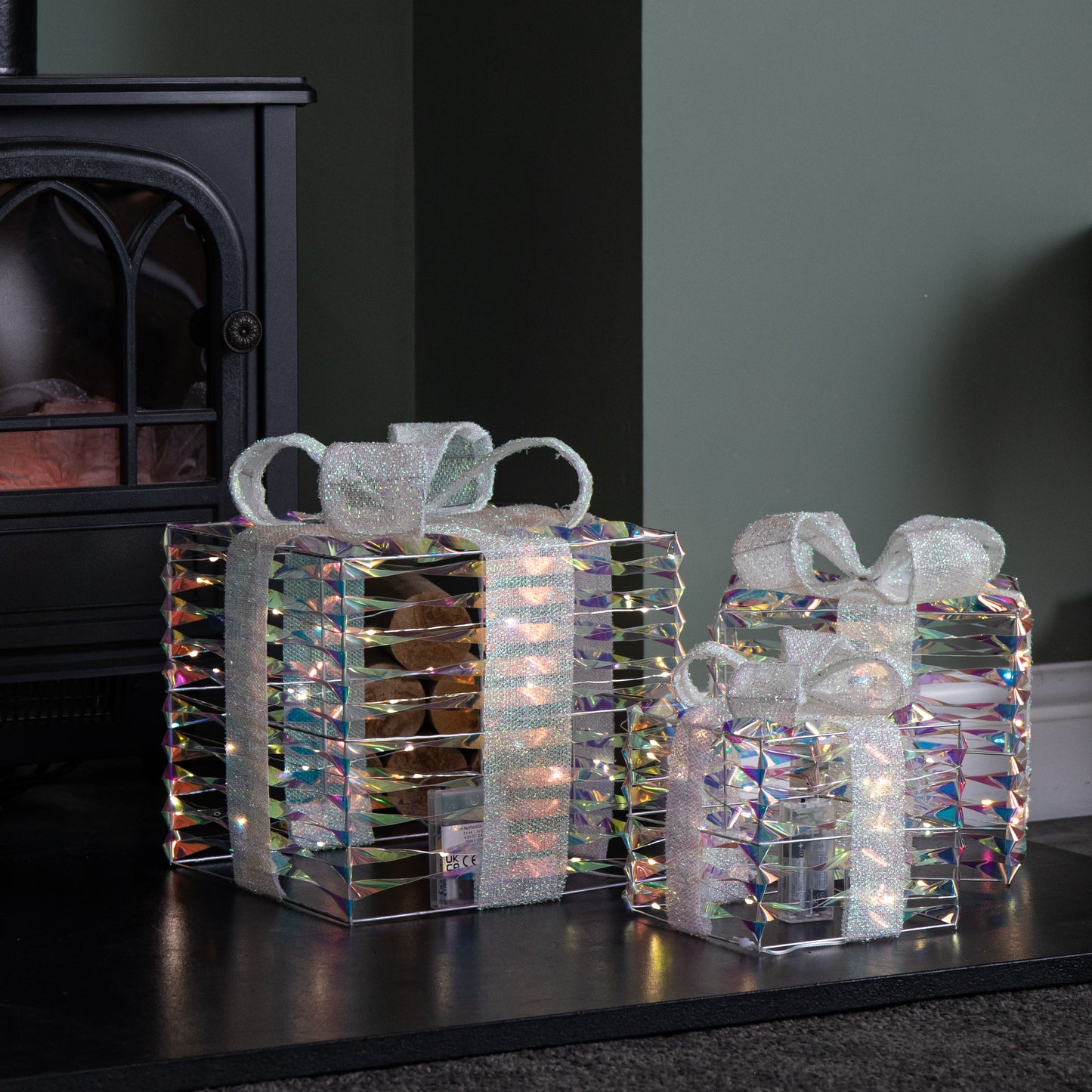 30cm Set of 3 Battery Operated Light up Star Shimmer Christmas Parcels with 90 Warm White LEDs