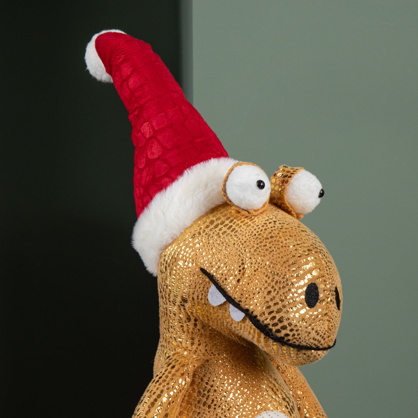 70cm Tall Gold Plush Santa-Saurus Dino Standing Christmas Decoration with Santa Hat