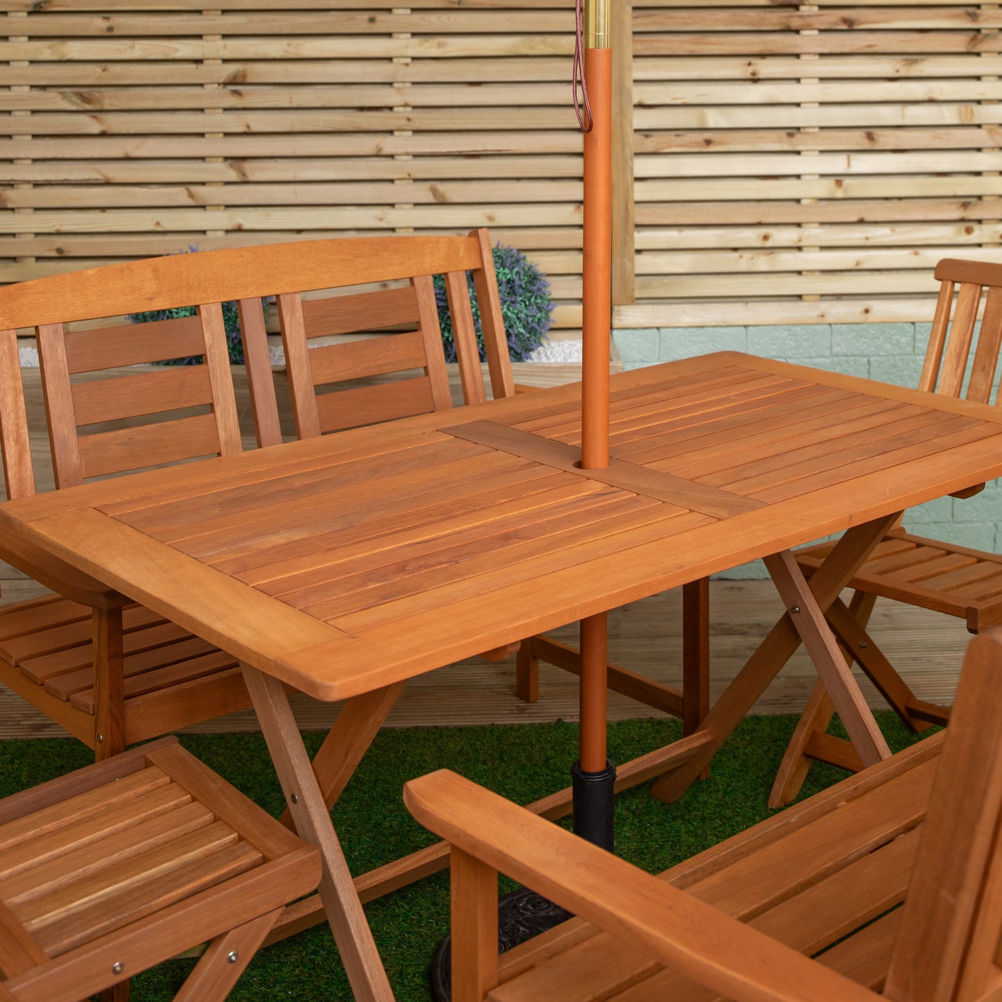 Outdoor 6 Person Folding Wooden Garden Dining Table Chairs and 2 Benches Grey Parasol and Base set