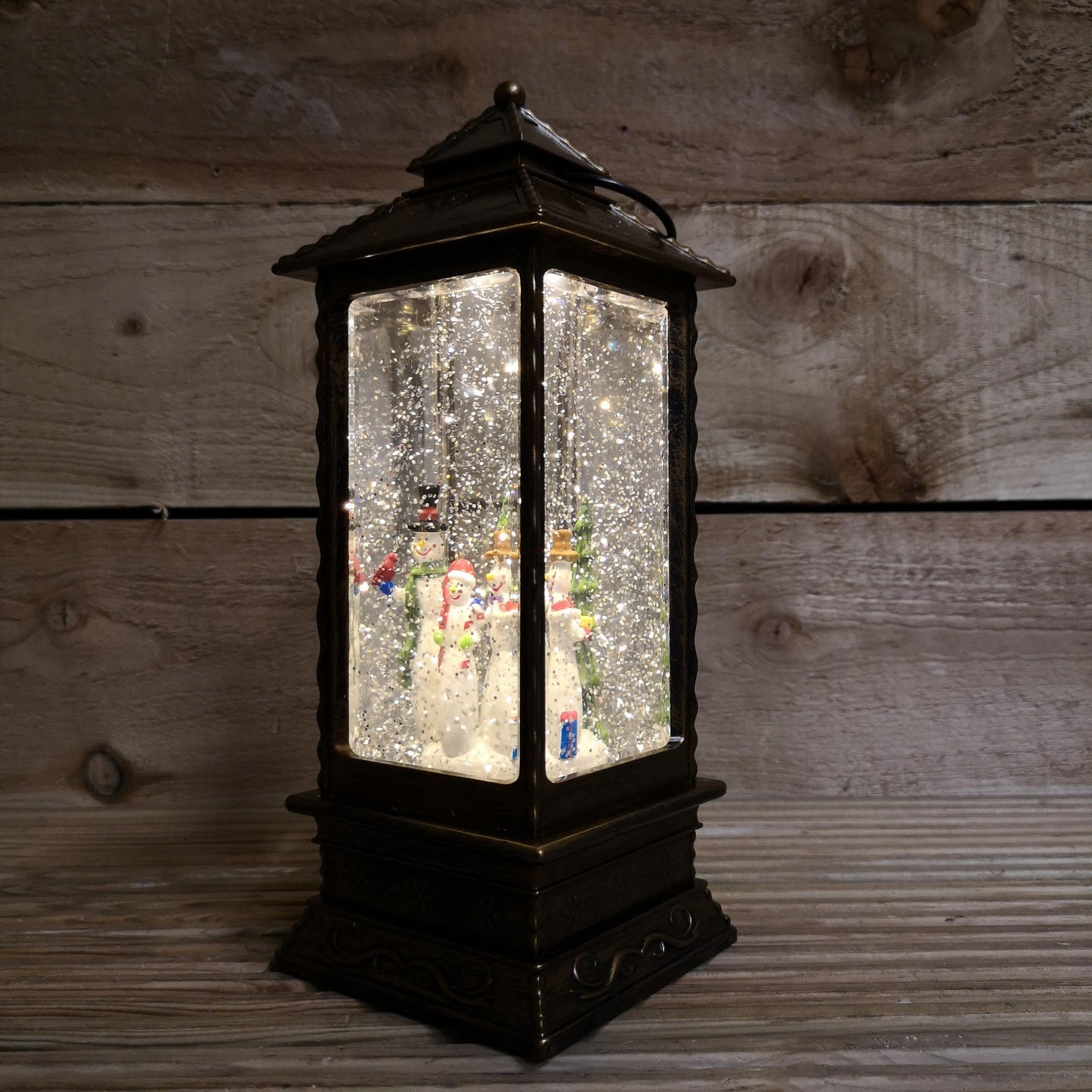 27cm Dual Power LED Christmas Glitter Water Spinner Rustic Lantern Snowman Scene