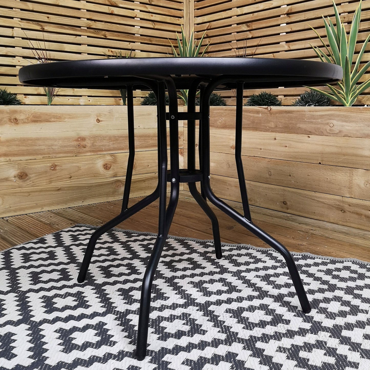 Outdoor 4 Person Round Glass Top Garden Dining Table Chairs With Beige Parasol and Base Set