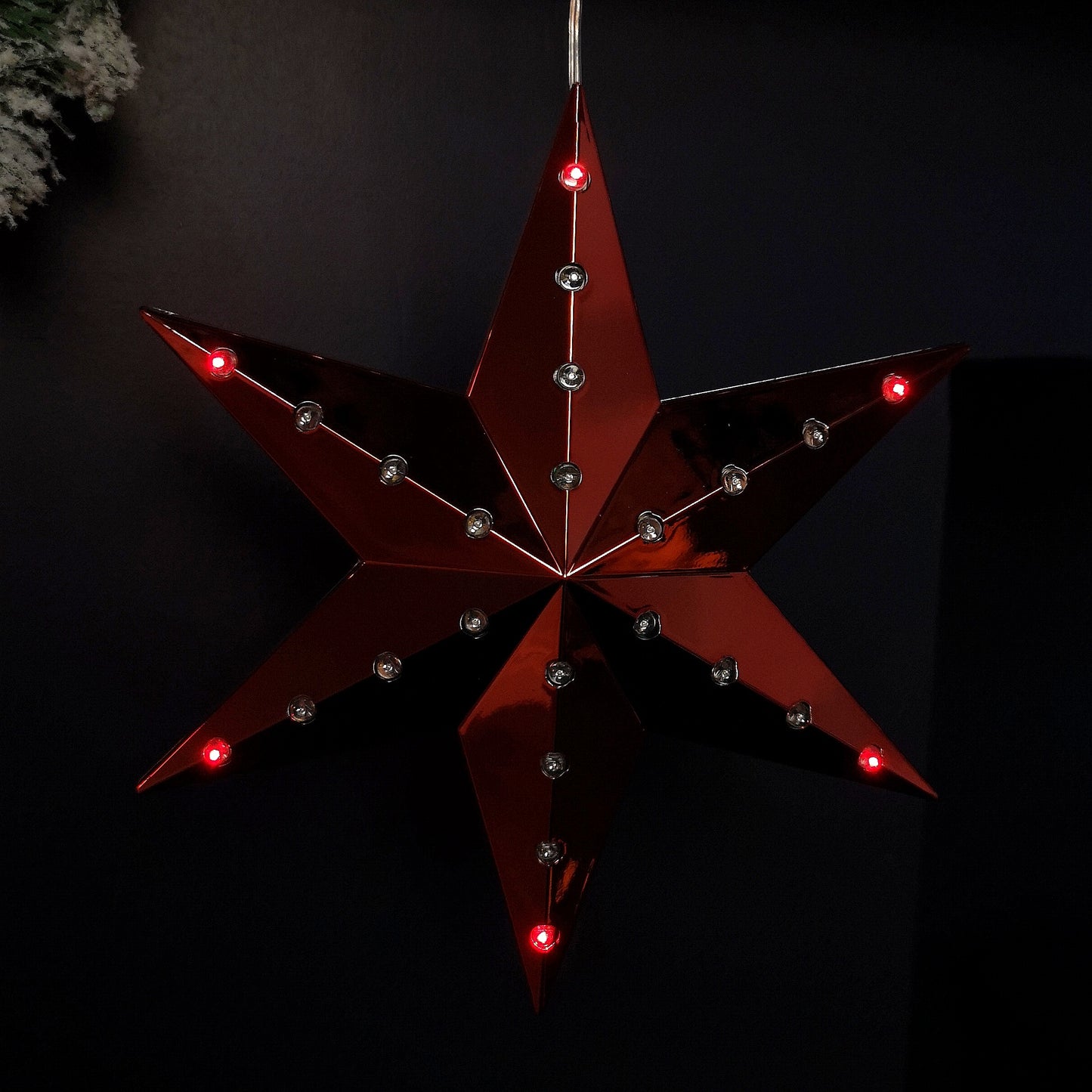 20cm Battery Operated Light up Hanging Christmas Shooting Star Bauble in Ruby with LEDs