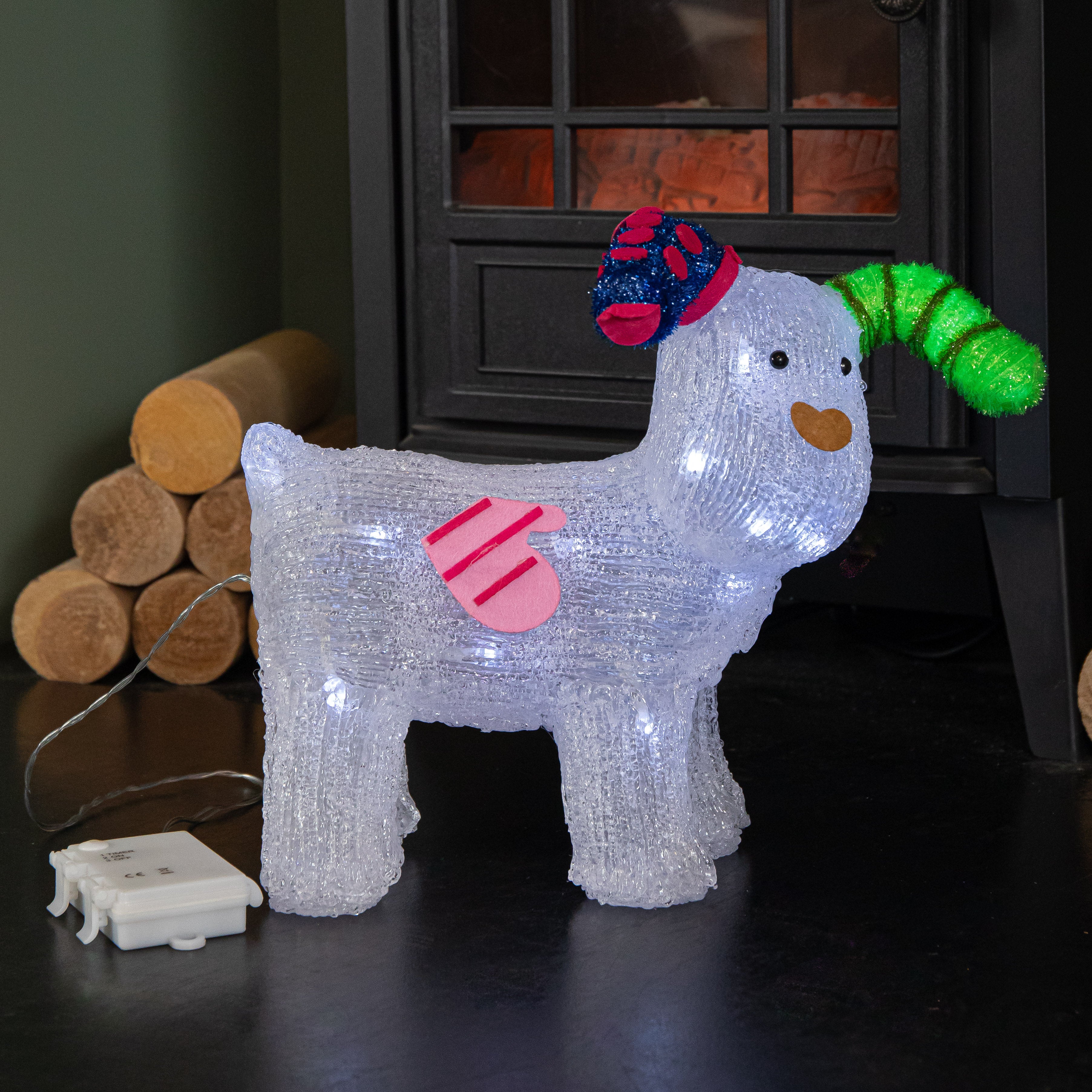 31cm Battery Operated Light up Snowdog Christmas Acrylic Decoration Ice White LEDs