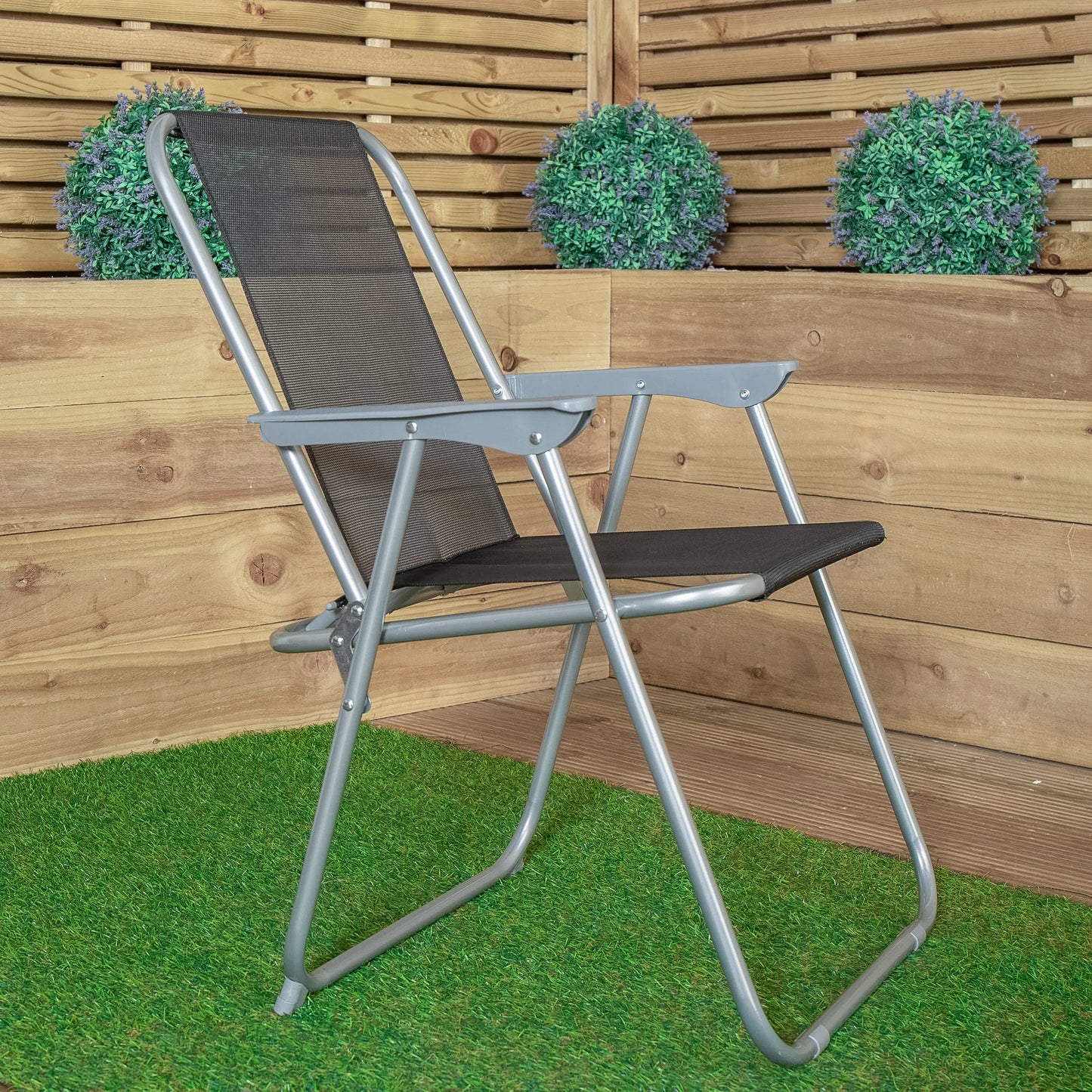 2 x Foldable Garden Chairs Fixed position garden chairs with grey frame and black fabric