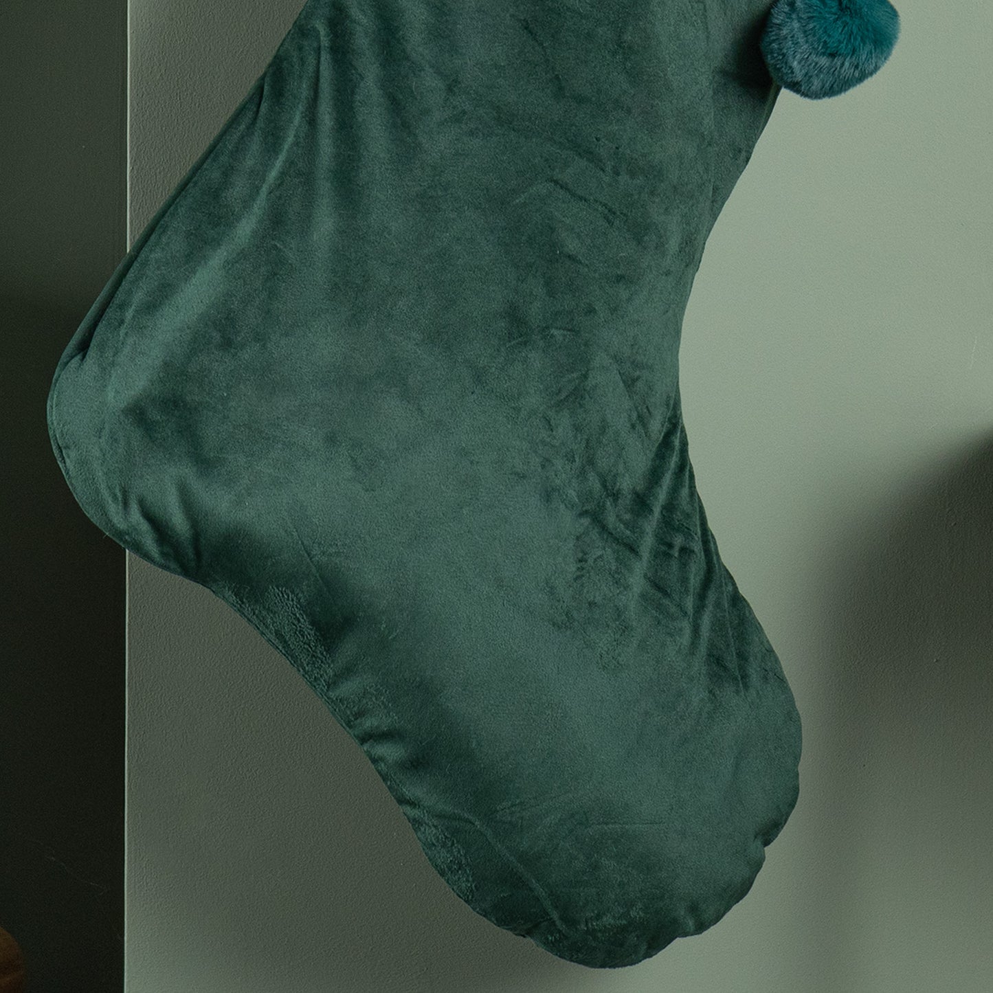 70cm Hanging Dark Green Velour Star Print Christmas Stocking with Pom Poms