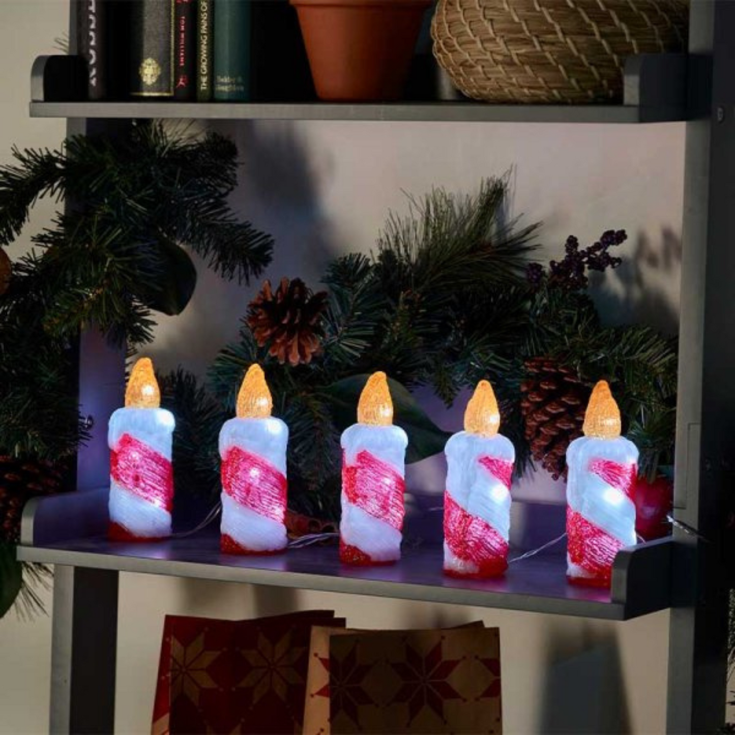 15cm Set of 5 Battery Operated Light up Christmas Candle Ornaments with 30 Cool White LEDs