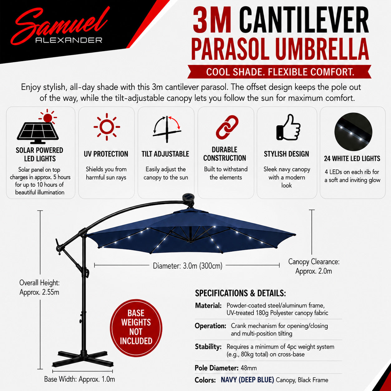 Samuel Alexander 3m Solar Powered Cantilever Lit Banana Garden Parasol with Crank Handle & White LED Lights in Blue