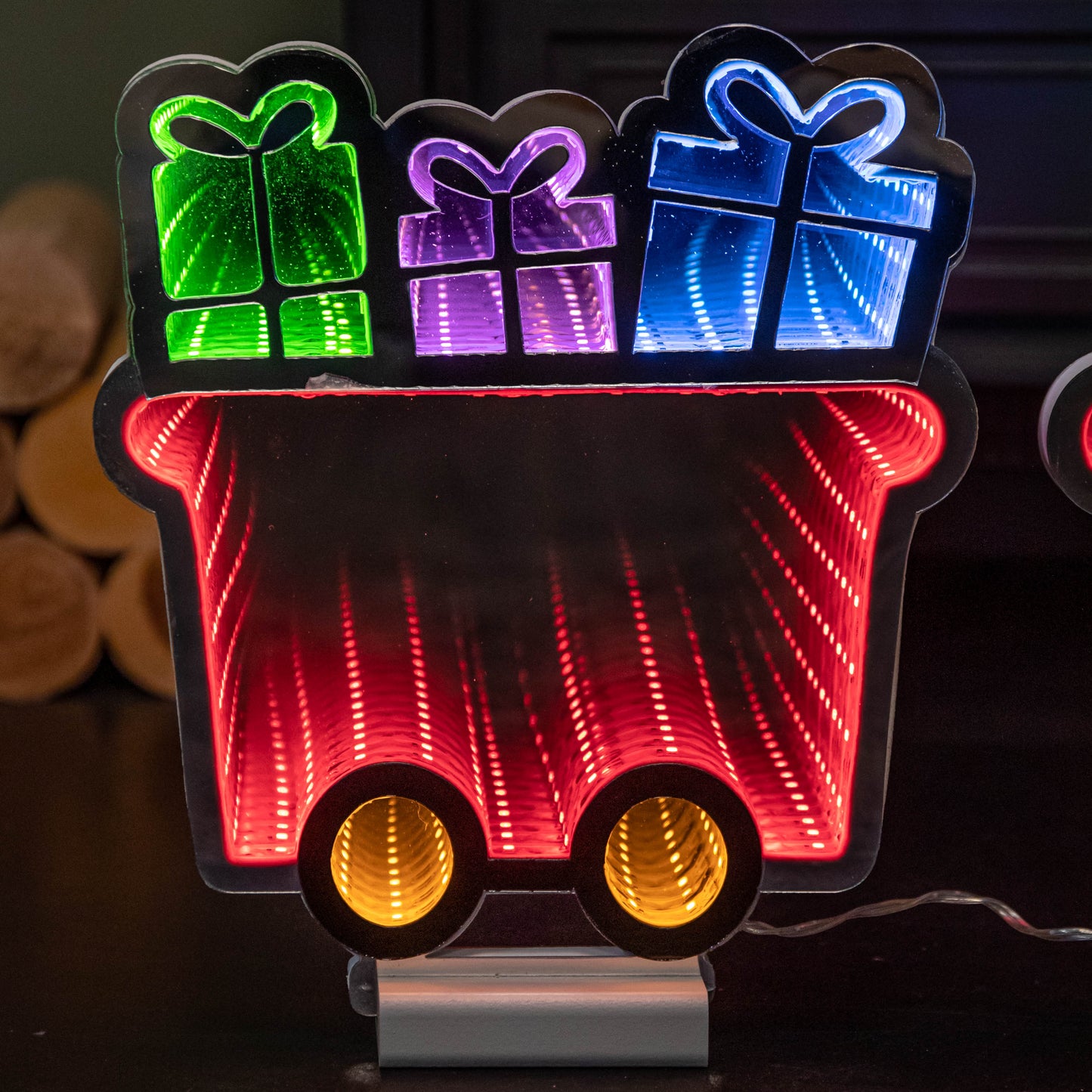 70cm Infinity Christmas Train with 2 Carriages on Wood Base and Multi-Coloured LEDs