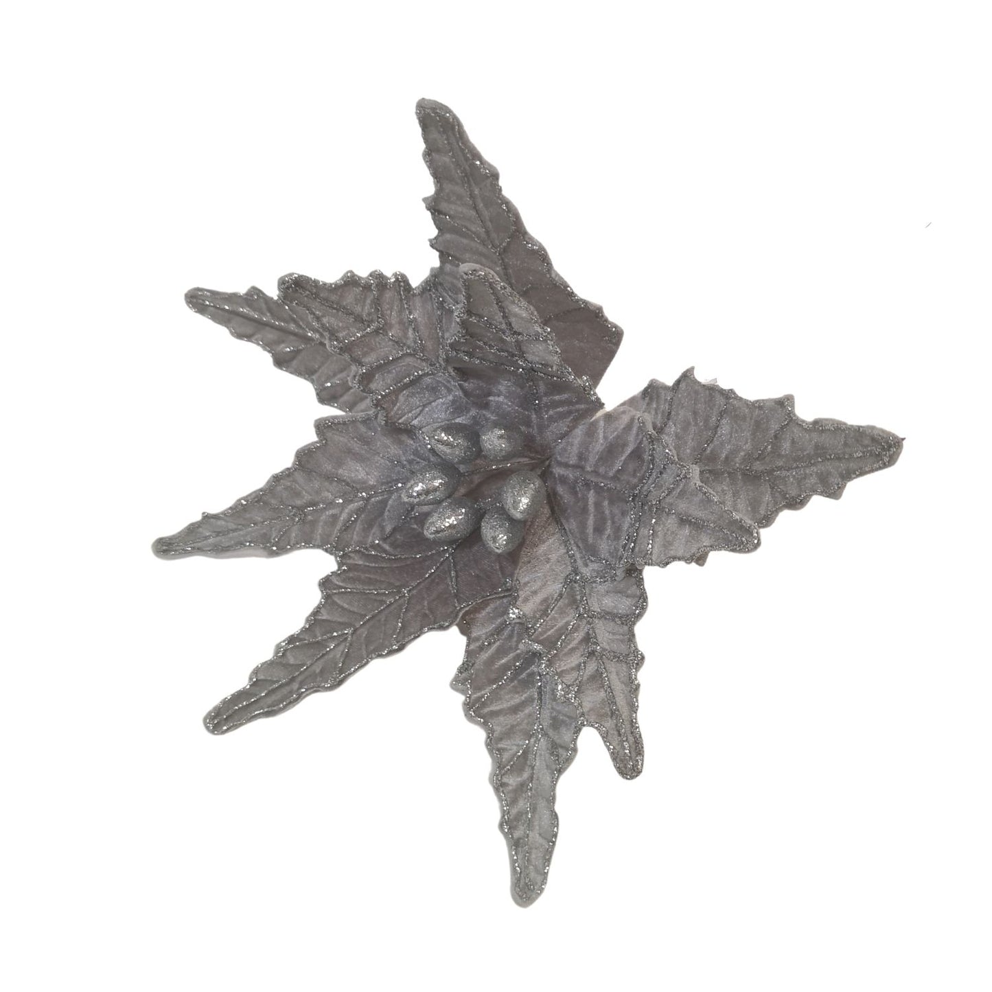 50cm Silver Velvet Poinsettia Stem with Glitter Christmas Decoration