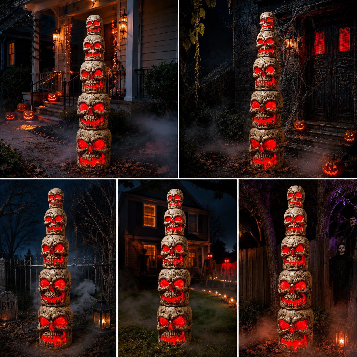 Home Accents Holiday 8ft Giant-Sized Halloween Skull Stack with Red LEDs