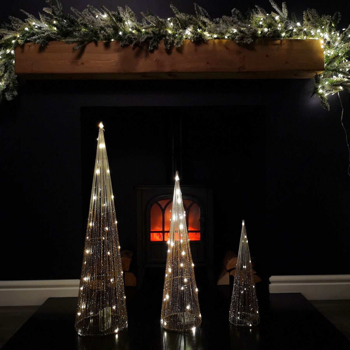 LED Tree Cone Obelisk Trio with 90 LEDs in Gold