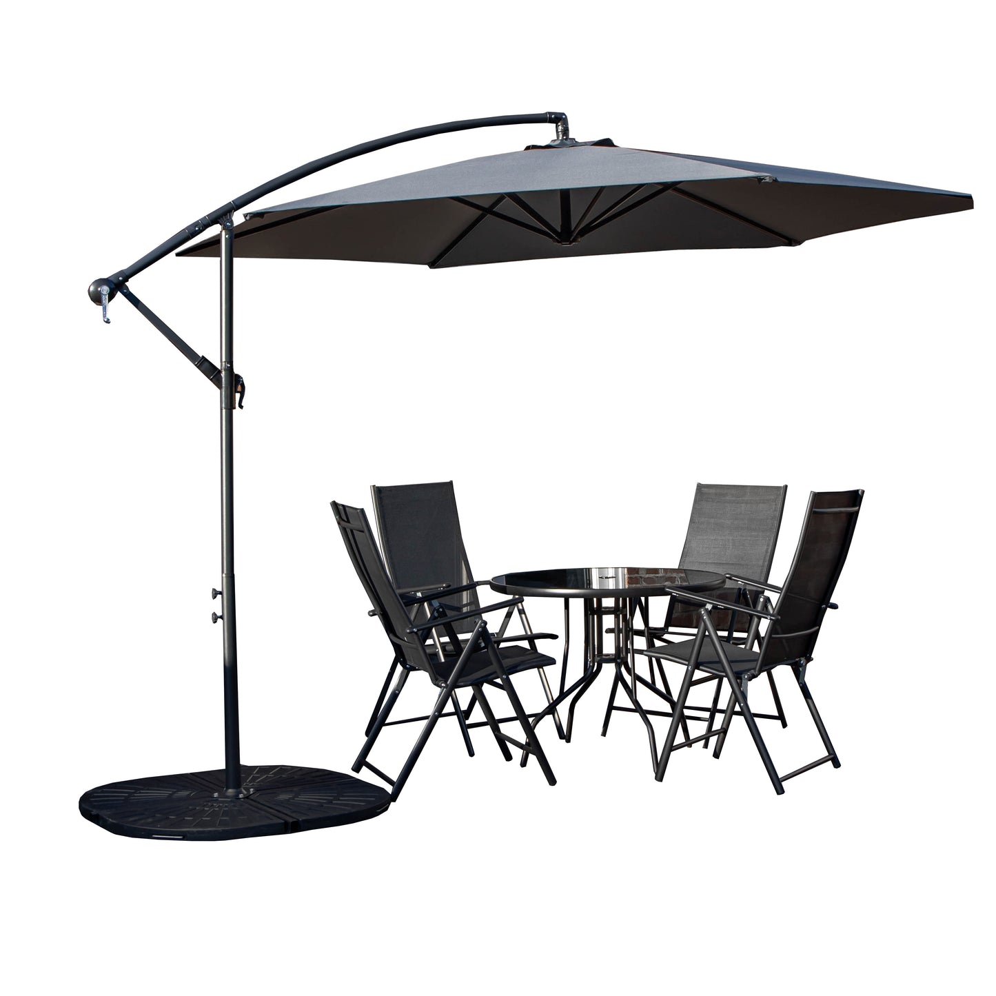 Outdoor 4 Person Round Glass Top Garden Dining Table Chairs With Grey Banana Parasol and Base