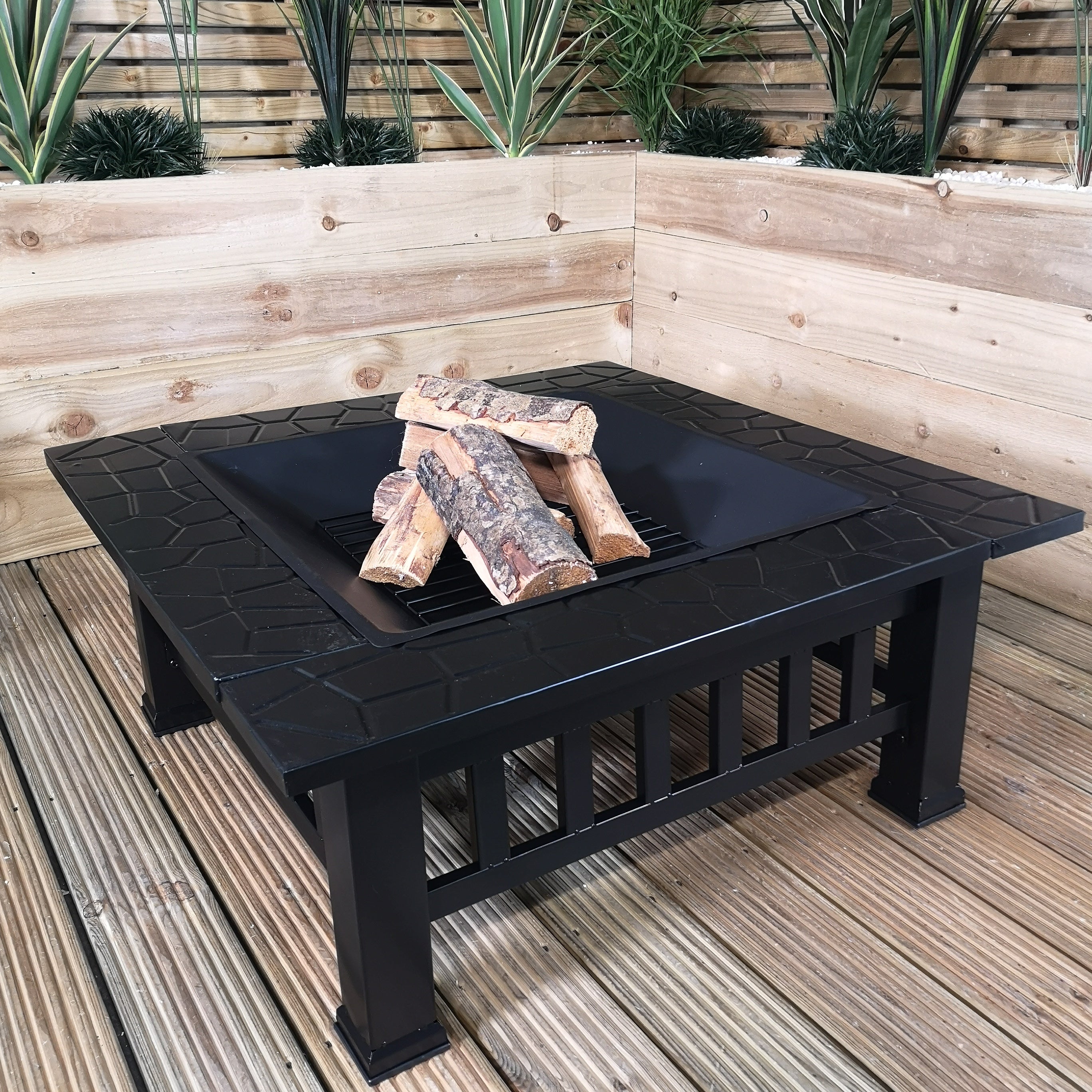 Redwood Outdoor Garden Square Fire Pit Heater with BBQ Grill in Black