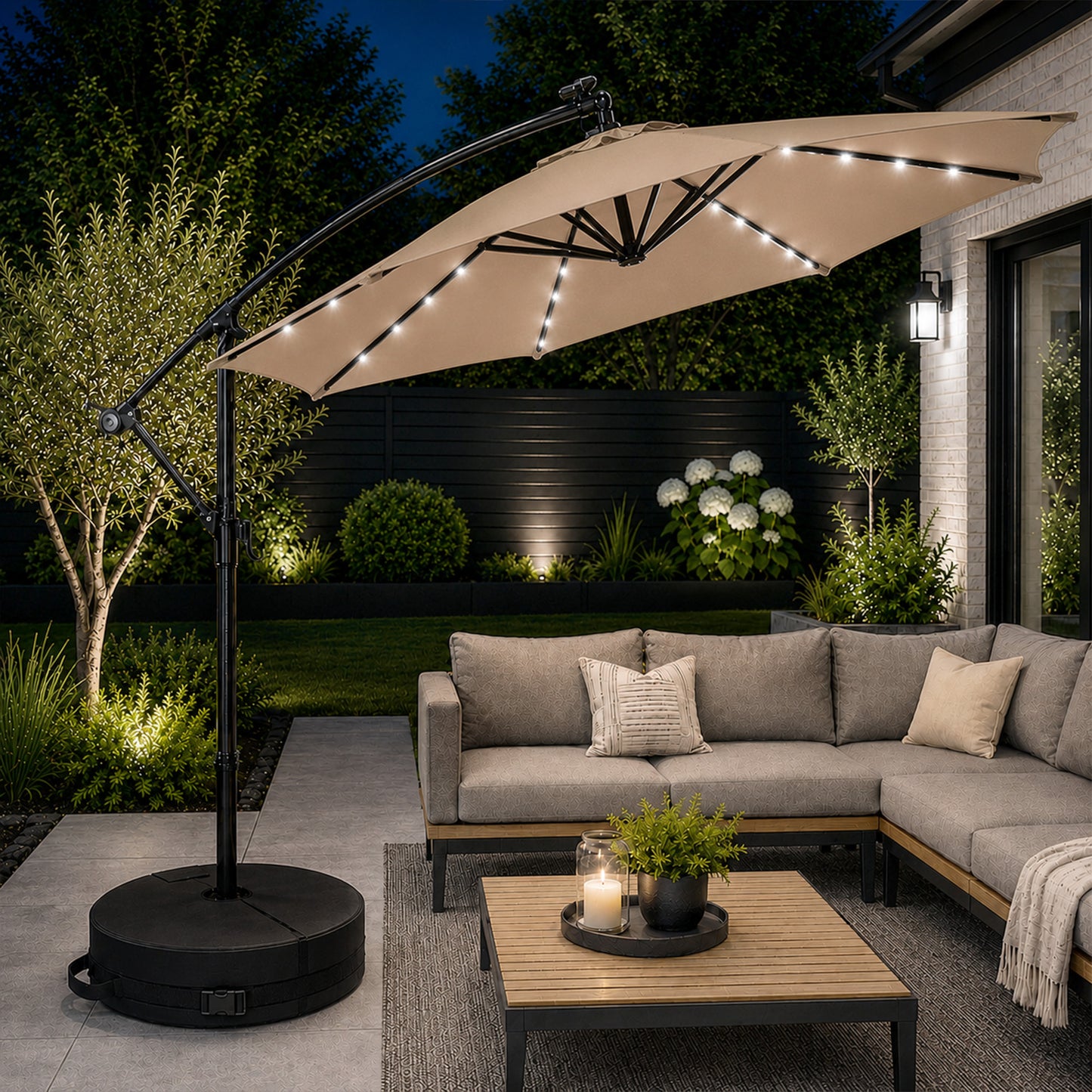 Choice of Colour 3m Hanging Banana Cantilever Garden Lit Parasol with Base Bag Included