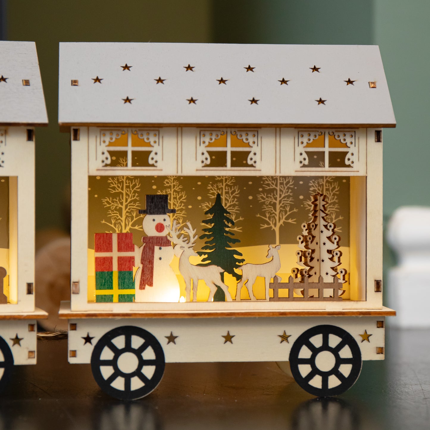 16cm LED Battery Operated Indoor Wooden Christmas Train & Carriages Scene