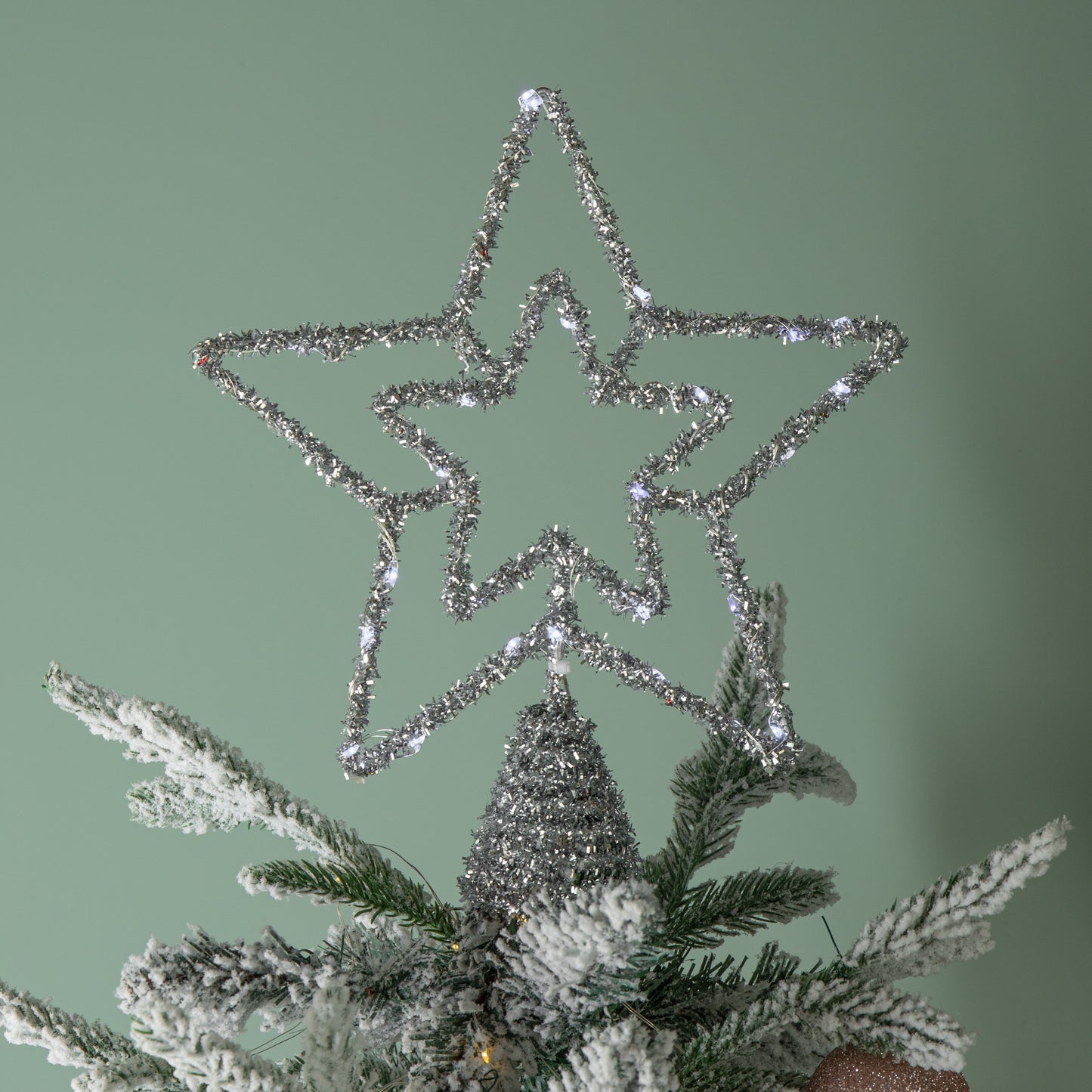 28cm Battery Powered Silver Christmas Star Tree Topper with White Multi-Action LEDs
