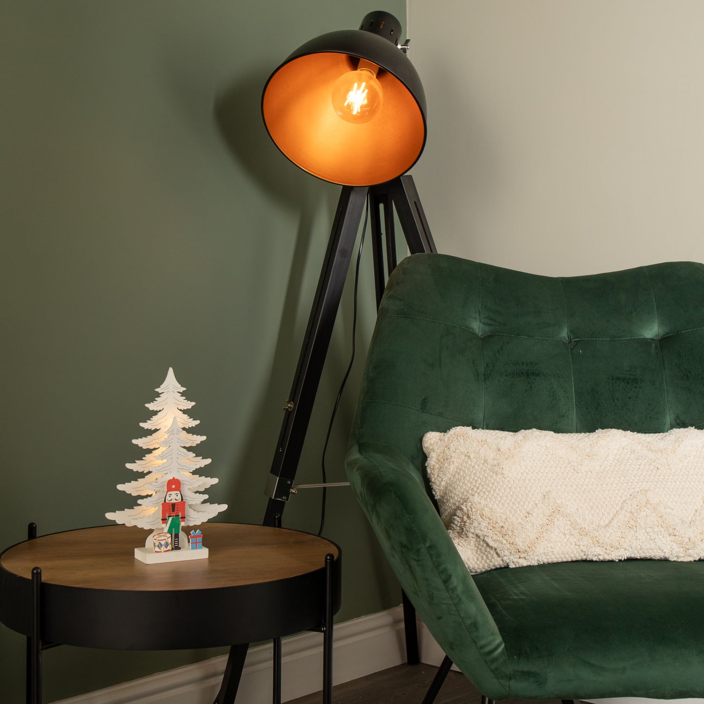 25cm LED Battery Operated Nutcracker with White Wooden Christmas Tree Scene