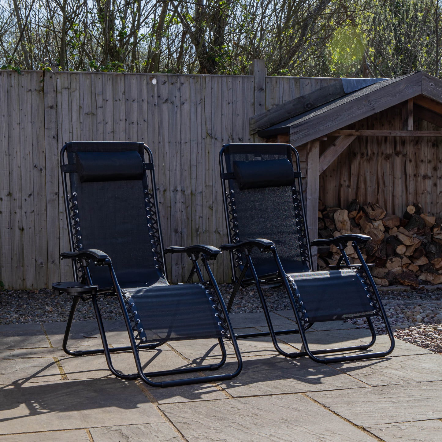 Set of 2 Black Multi Position Textoline Zero Gravity Garden Relaxer Chair Lounger
