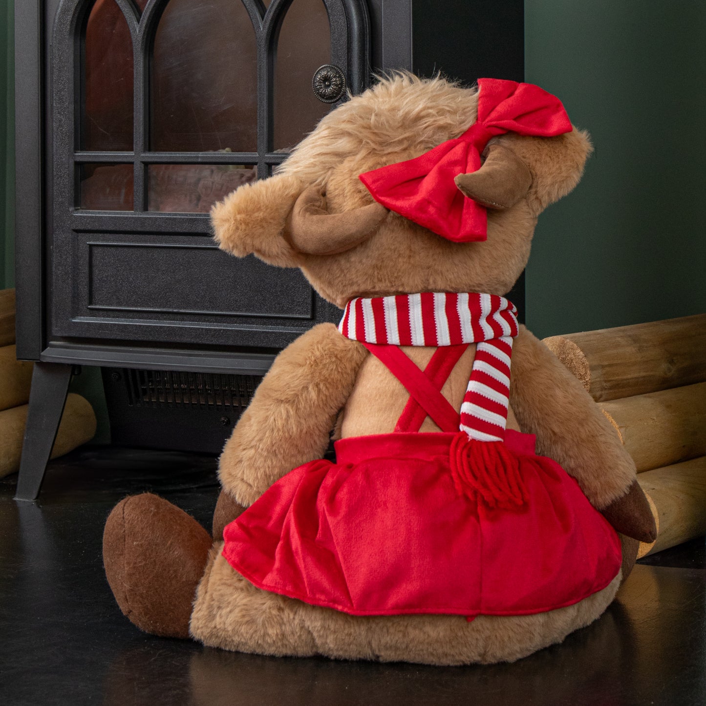 36cm Tall Plush Sitting Christmas Highland Girl Cow in Red Dress