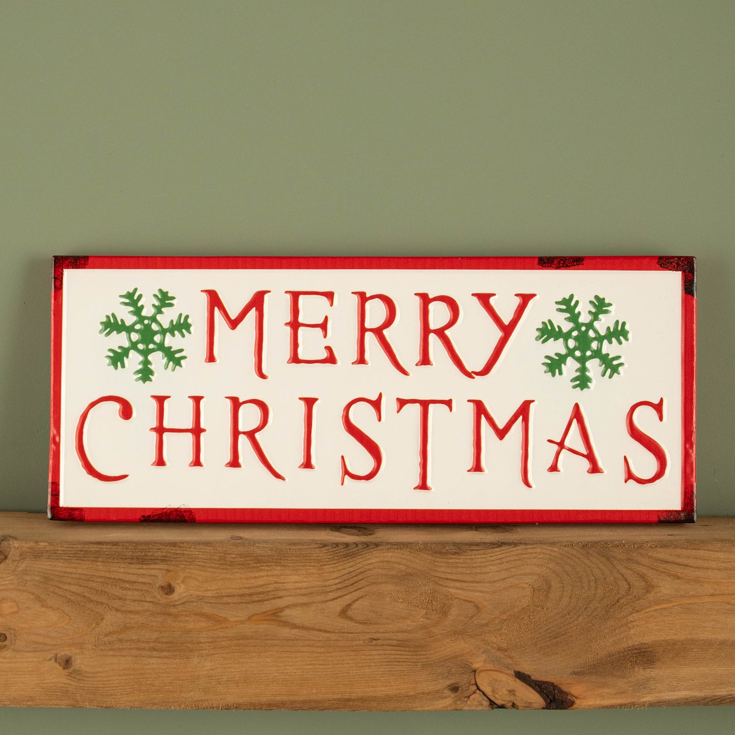 57cm Metal Merry Christmas Hanging Sign in Red & White with Green Snowflakes