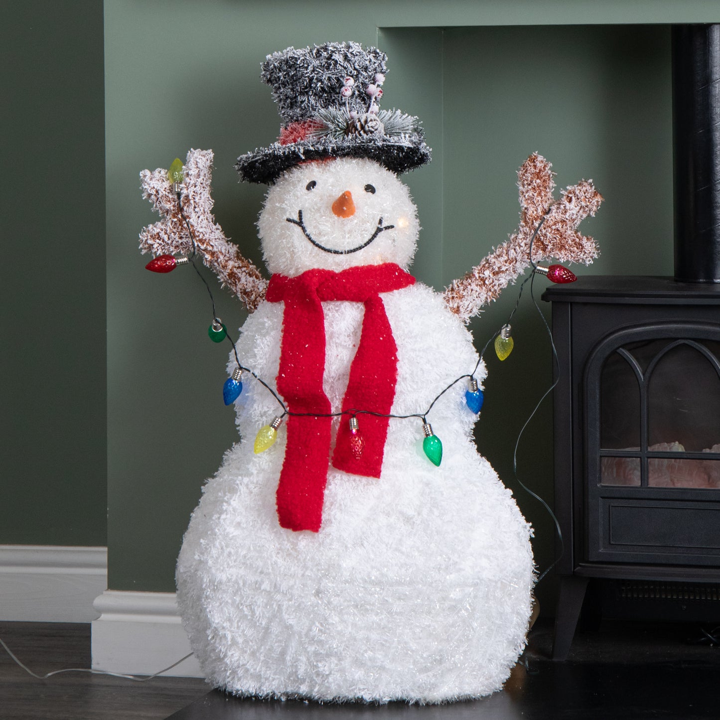 90cm Light up Frosted Tinsel Christmas Snowman with 50 White & Warm White LEDs