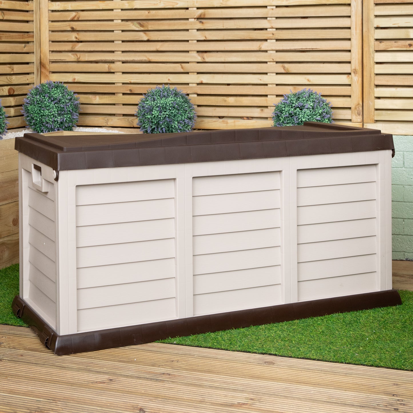 440L Heavy Duty Garden Patio Storage Box with Lockable Sit on Lid in Brown