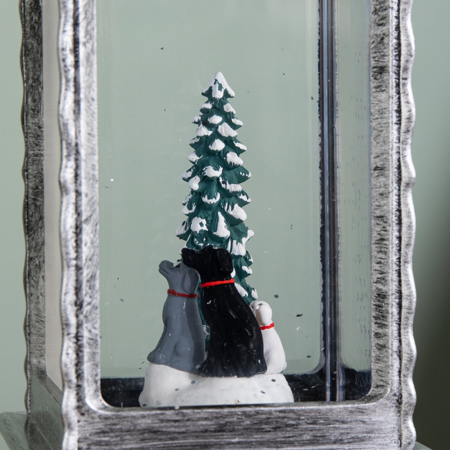 27cm Dual Powered Light up Antique Silver Christmas Water Spinner with Dogs & Flying Sleigh Scene