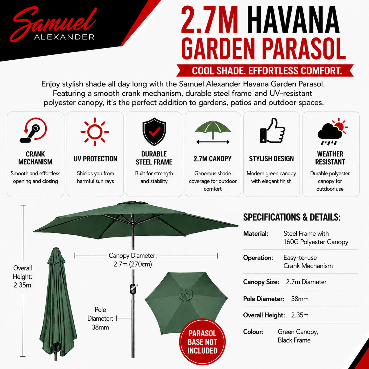 Samuel Alexander 2.7m Havana Garden Patio Parasol with Crank Handle in Green