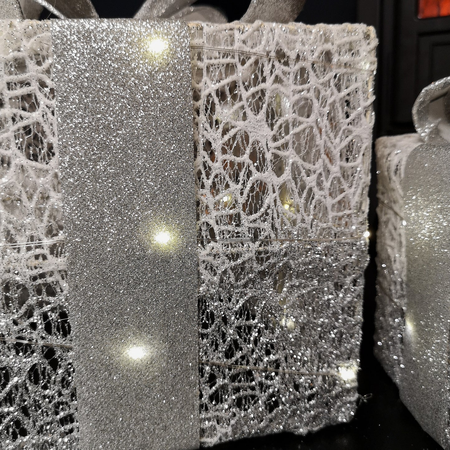 Set of 3 Battery Operated Silver Sparkly Christmas Gift Boxes with LEDs