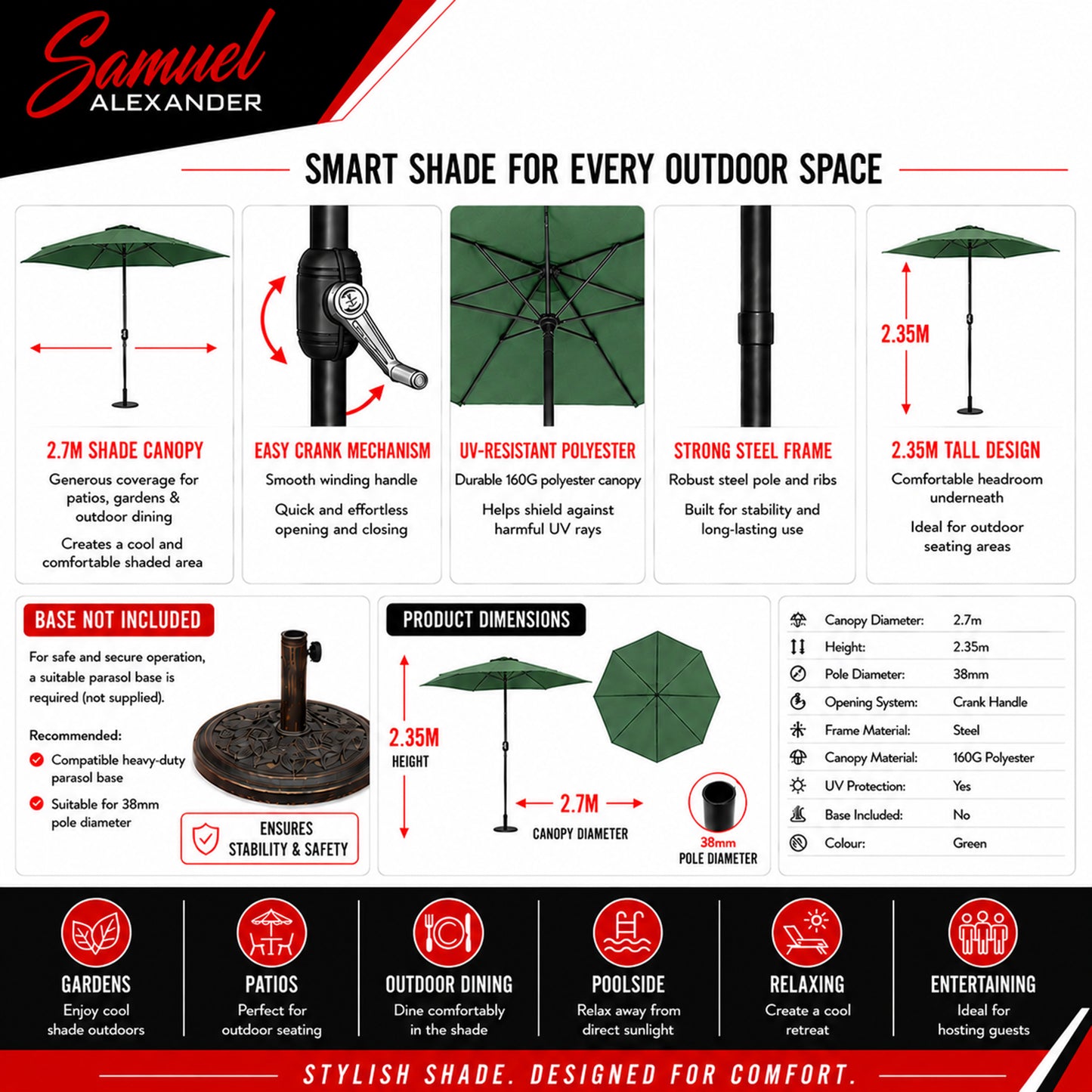 Samuel Alexander 2.7m Havana Garden Patio Parasol with Crank Handle in Green