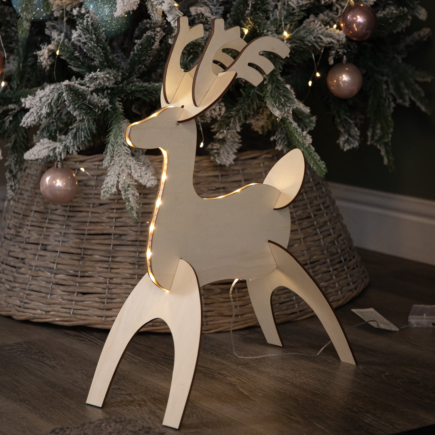 50cm Battery Operated Light up 3D Wooden Christmas Reindeer with 31 Warm White LEDs