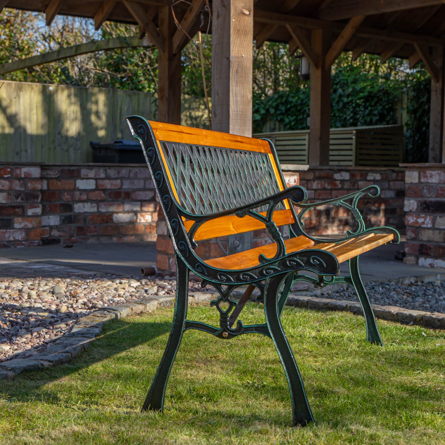 2 Seater Outdoor Wooden Cast Iron with Lattice Design Garden Patio Bench