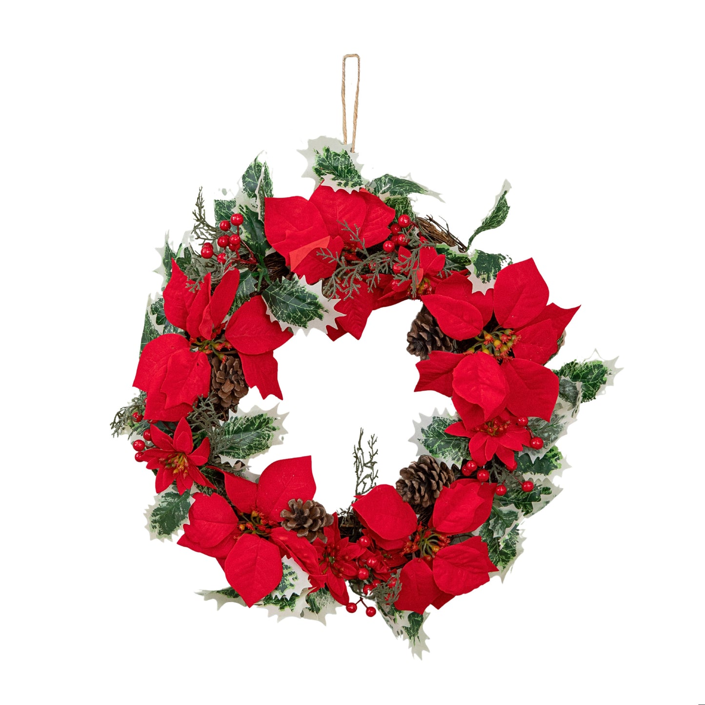 40cm Red Hanging Christmas Poinsettia Wreath with Berries and Pinecones