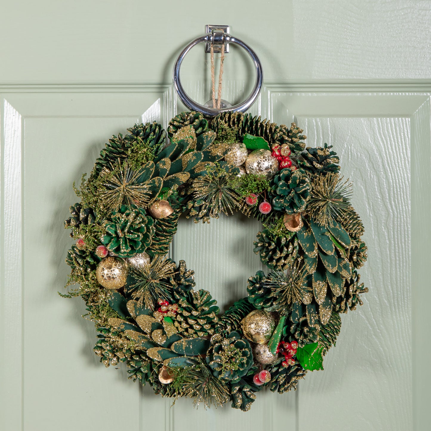 36cm Bauble and Pinecone Hanging Christmas Wreath with Red Berries