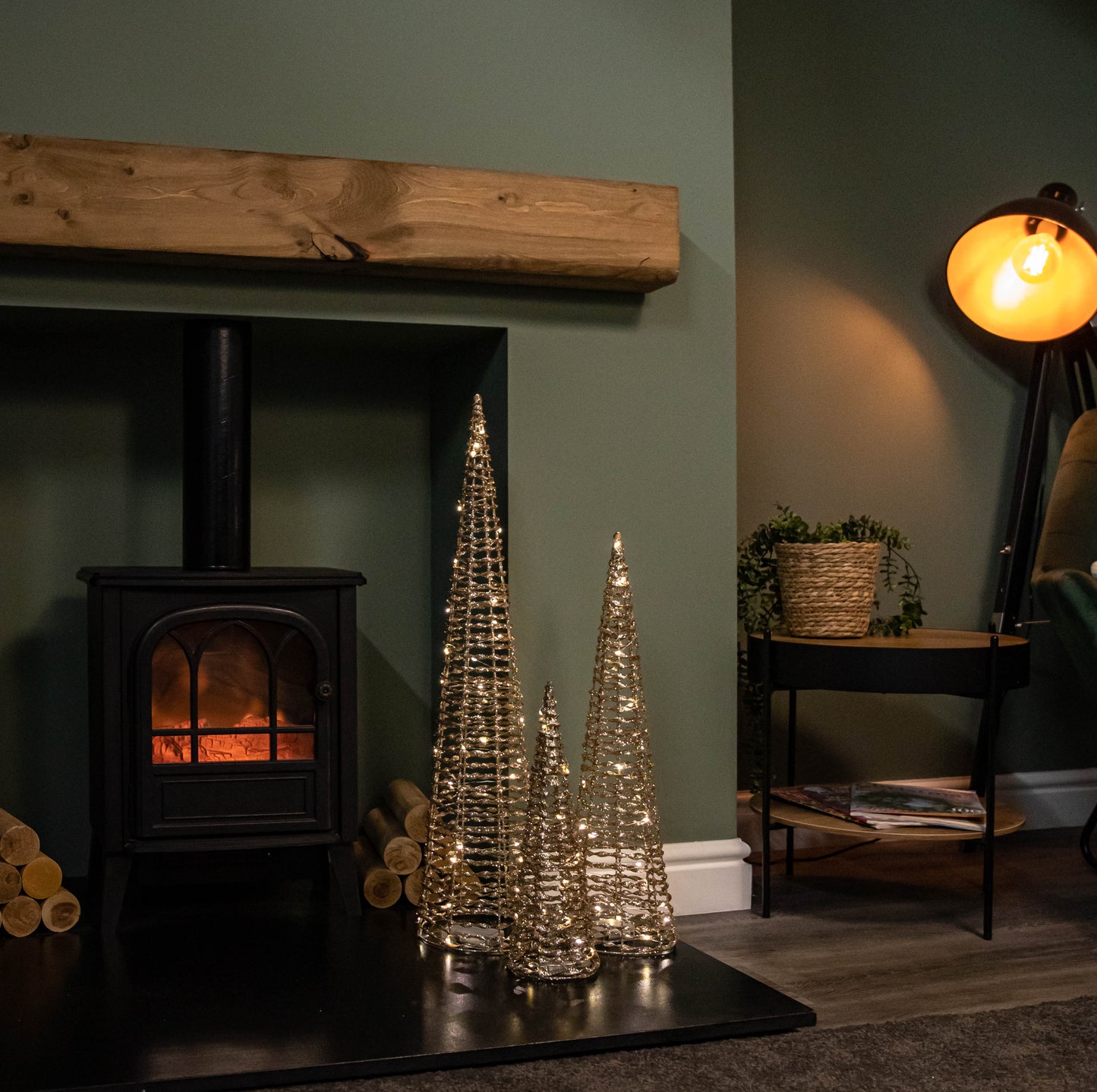 Set of 3 Gold Glitter Twist Christmas Cone Trees with 90 Warm White LEDs