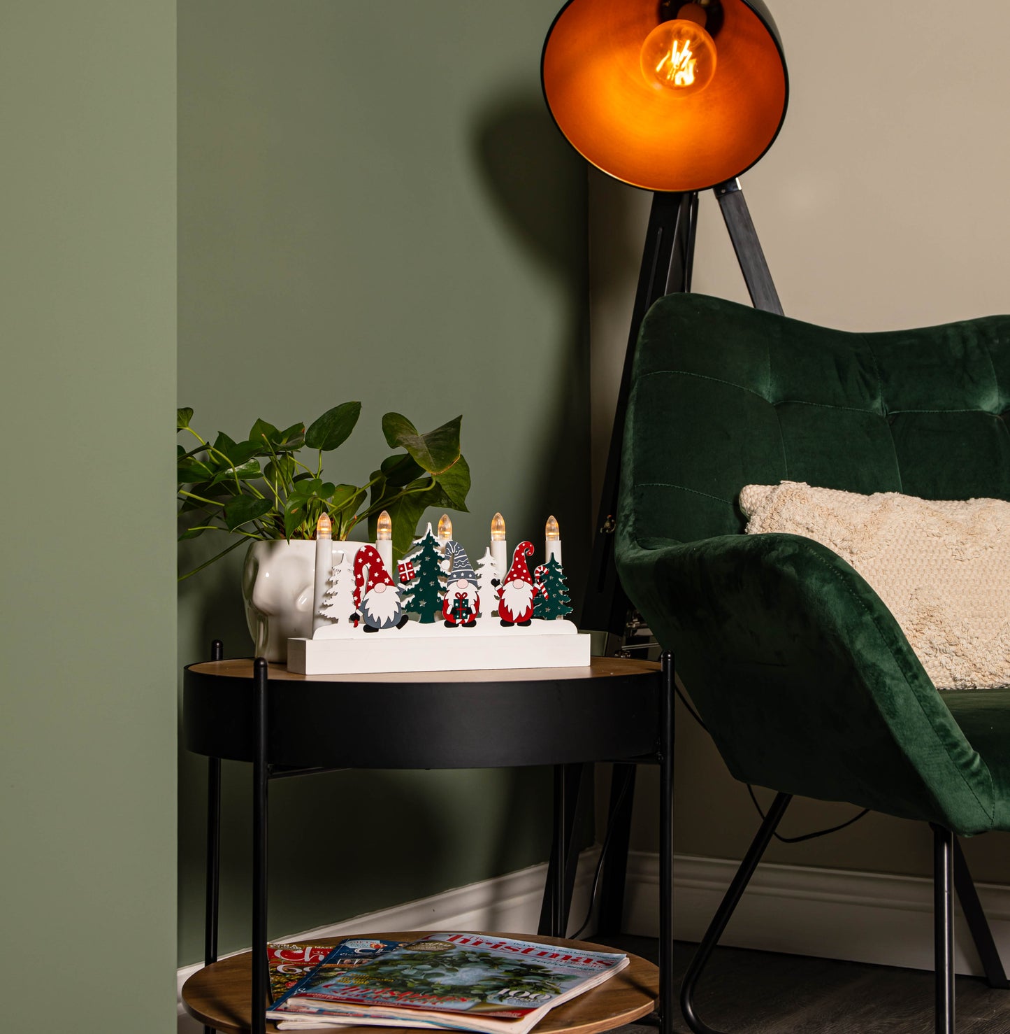 28cm Battery Operated Light up White Wooden Christmas Candle Bridge with Gonk Scene and 5 LEDs