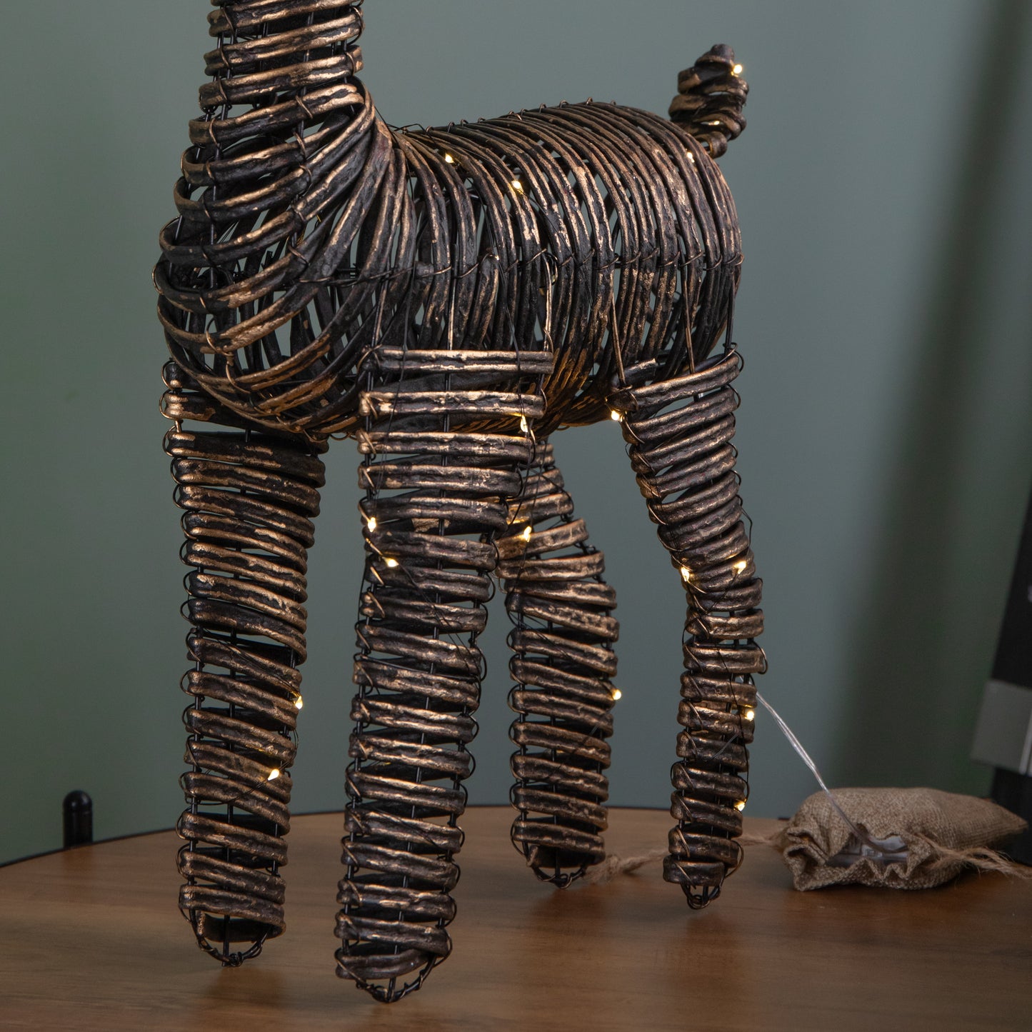 50cm Battery Operated Light up Black & Gold Braid Christmas Reindeer with Warm White LEDs