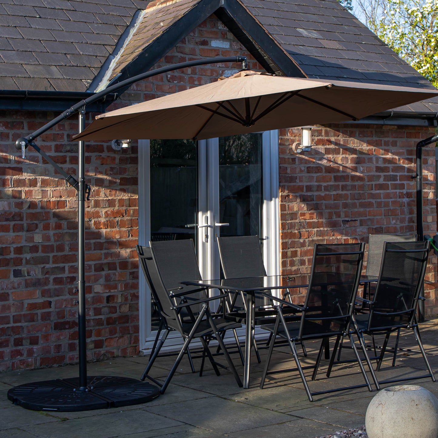 Outdoor 6 Person Rectangular Glass Top Garden Dining Table Chairs With Beige Banana Parasol and Base
