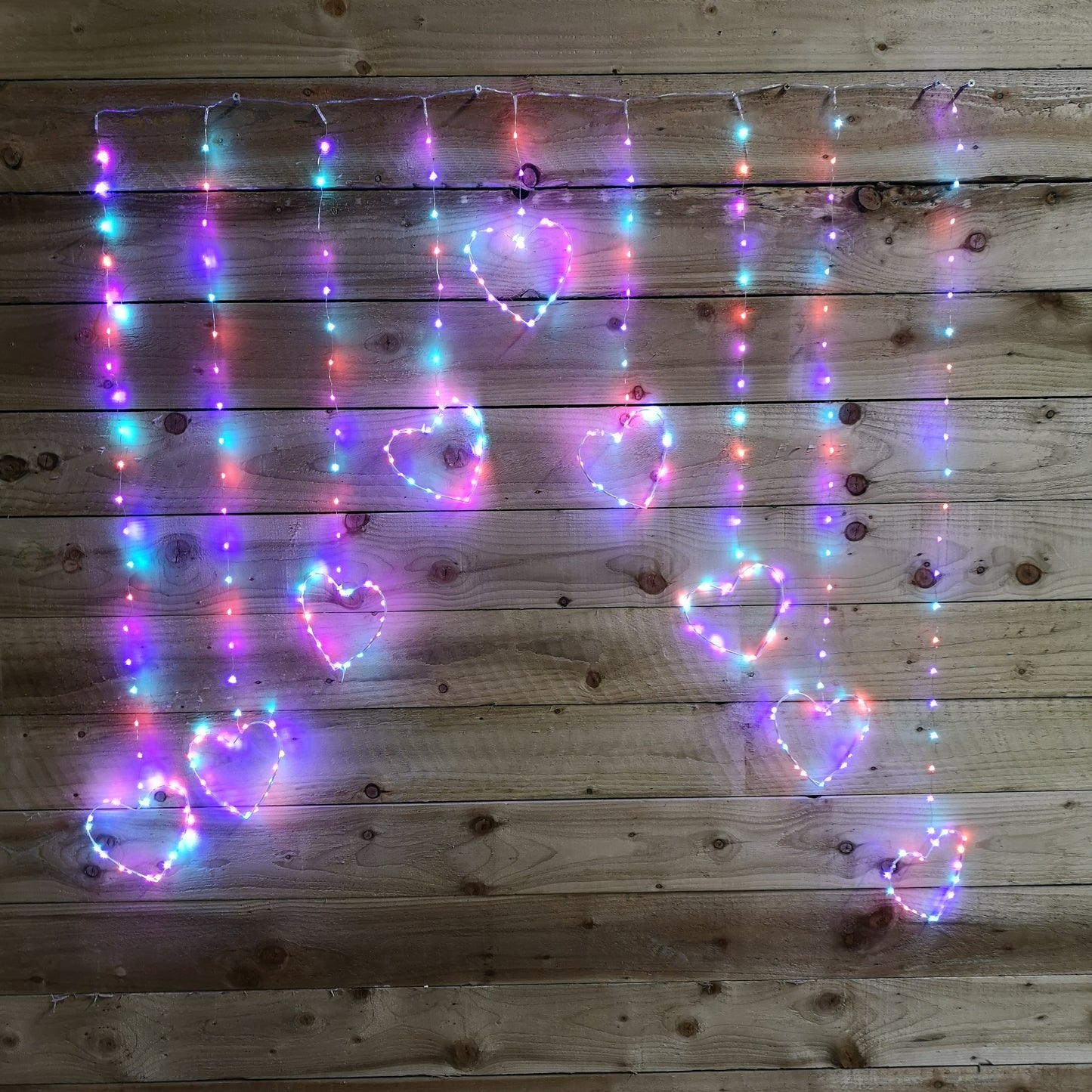 1.2m Premier Christmas Static Heart LED Silver Pin Wire V Curtain Lights in Rainbow