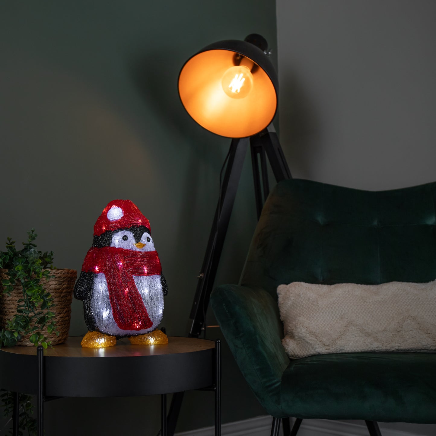 30cm Light up Acrylic Christmas Penguin with Scarf and 30 White LEDs