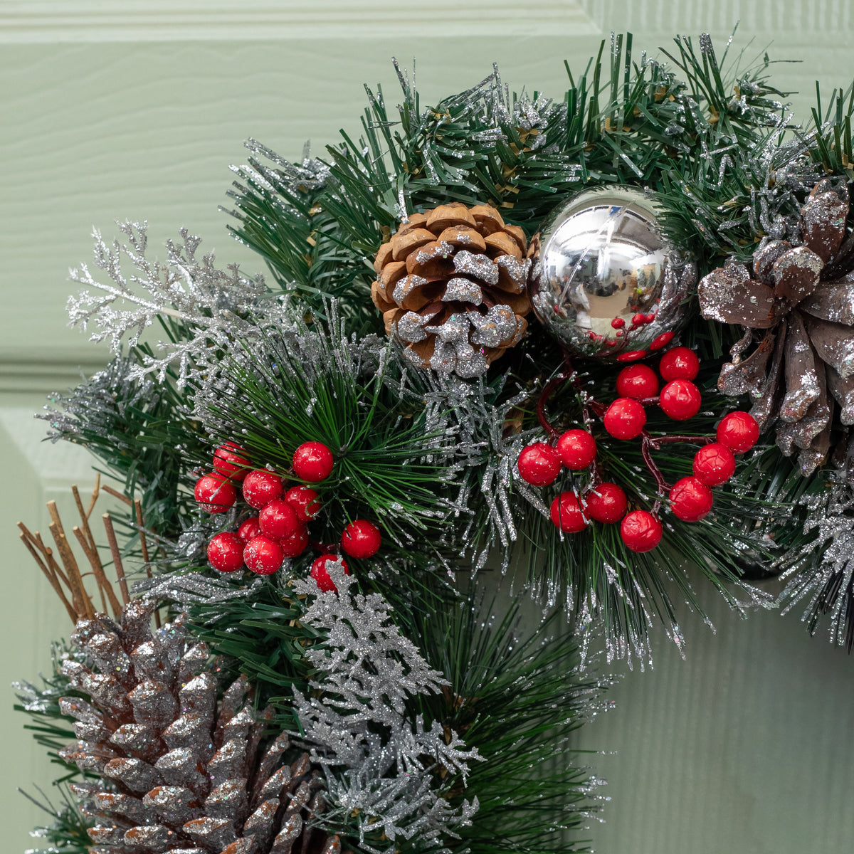 The Tree Company 40cm Festive Silver Dressed Christmas Wreath With Pinecones and Red Berries