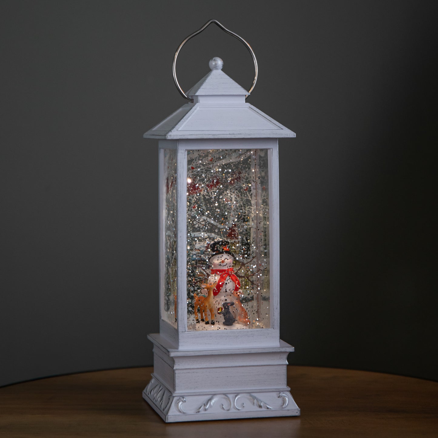 31cm Snowtime Christmas Water Spinner Antique Effect Lantern Snowman & Animals Scene Dual Powered