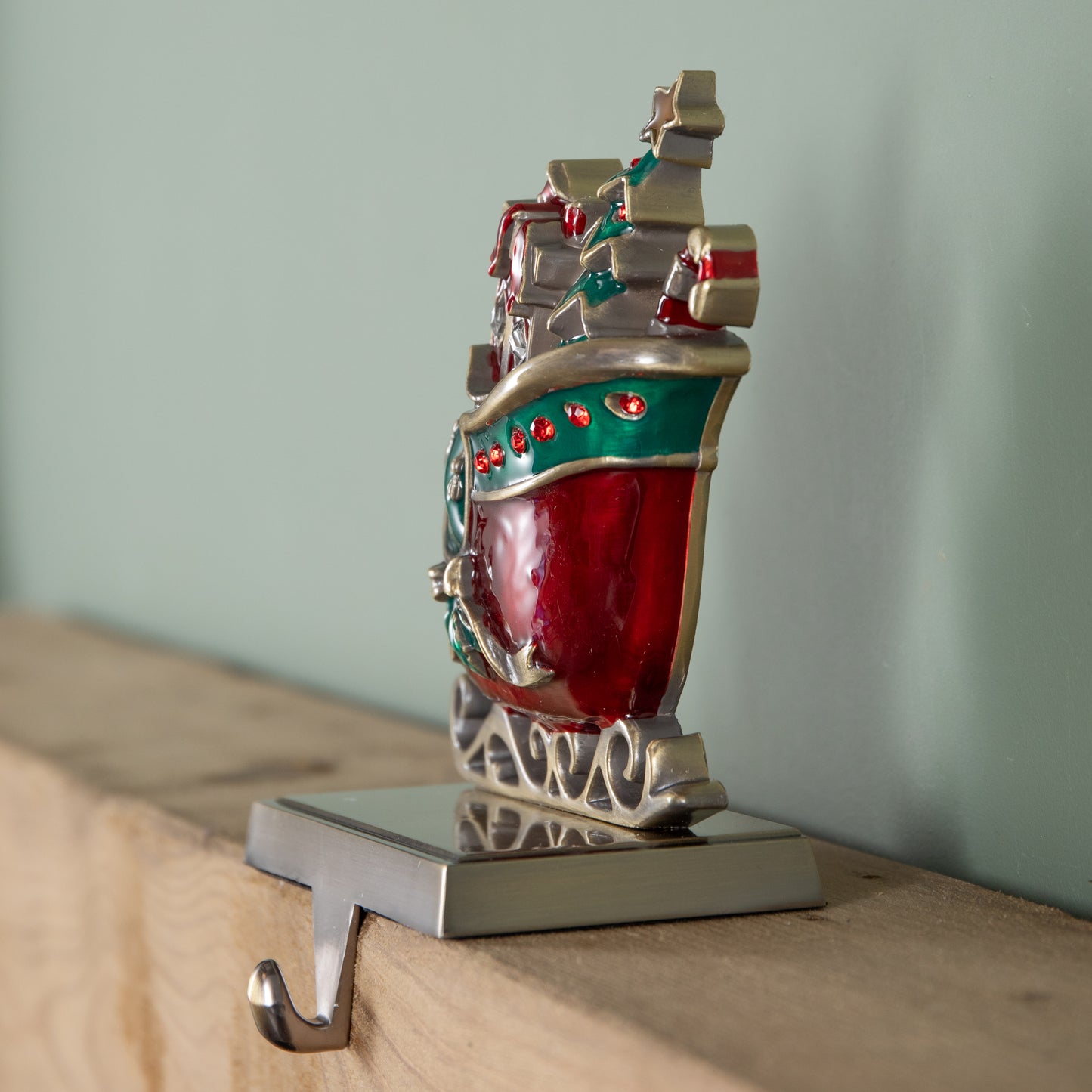16cm Red and Green Santa Sleigh Christmas Stocking Holder with Hook