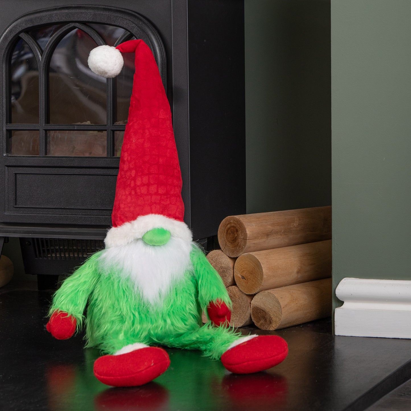 30cm Soft Green Fur Christmas Sitting Gronk Decoration with Dangly Legs