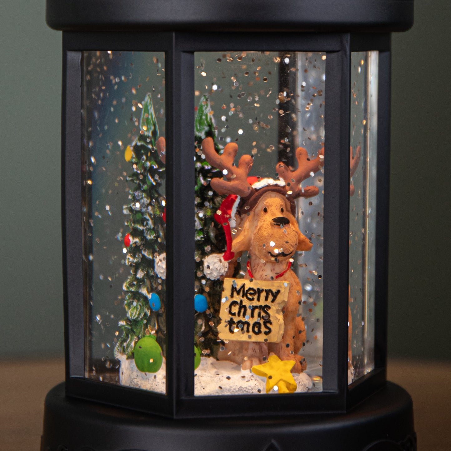 18cm Battery Operated LED Christmas Glitter Water Spinner Black Lantern Dog & Tree Scene