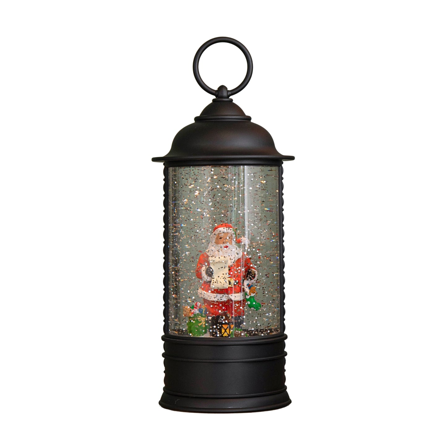 29cm Dual Power LED Christmas Glitter Water Spinner Black Lantern Santa Scene