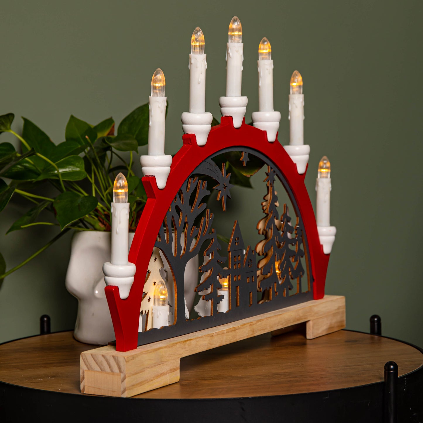 45cm Battery Operated Light up Red Wooden Christmas Candle Bridge with 9 Warm White LEDs