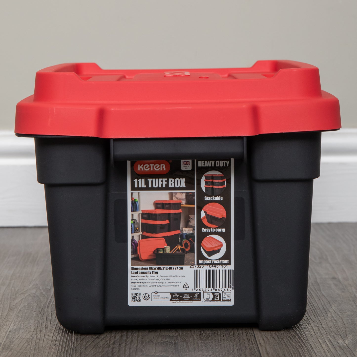 11L Black and Red Small Tuff Stackable Storage Box with Lid and Carry Handles